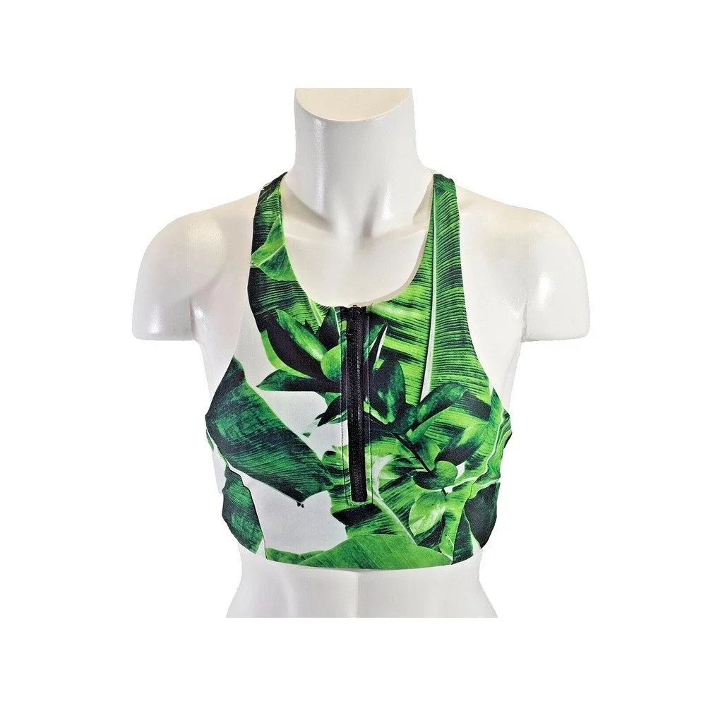 Stone Fox Swimwear Womens S Green Leaf Zip-Down High Neck Tankini‎ Bikini Top